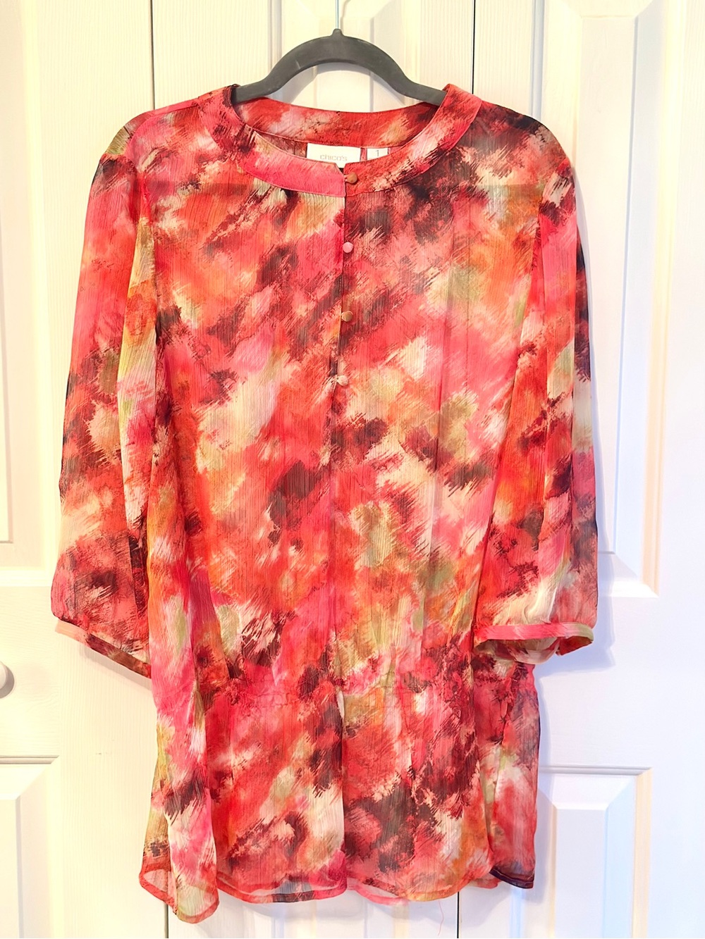Chico’s Pink Multi-Color Sheer Button Front Blouse